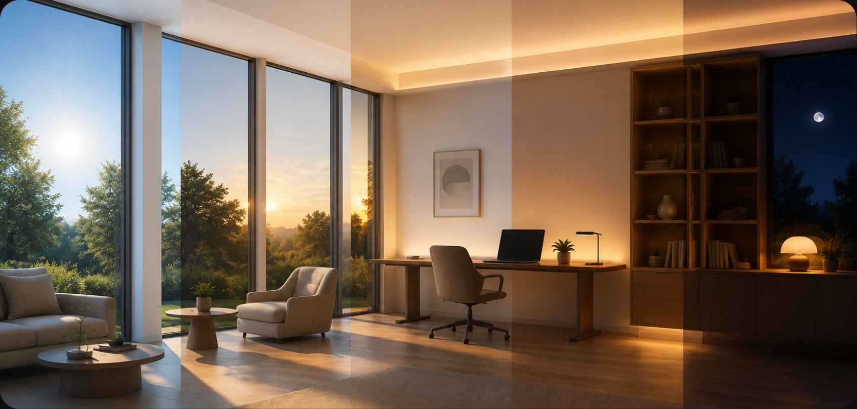Büro mit Lichtüberblendung von Tag zu Nacht · Zennio