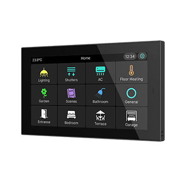 Schwarzes KNX-Touchdisplay mit Startmenü · Zennio