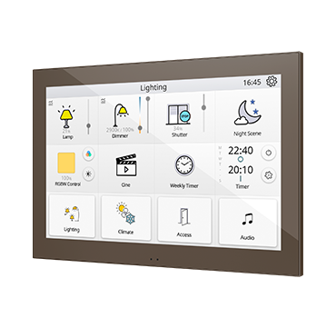 Bronzefarbenes KNX-Touchdisplay mit Beleuchtungsmenü · Zennio