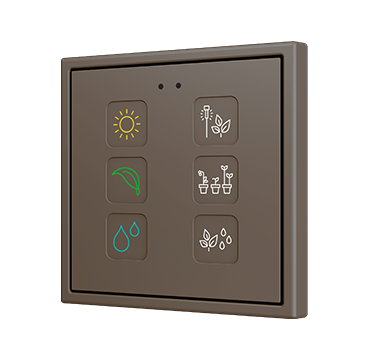 Bronzefarbener KNX-Taster mit sechs Tasten und Garten-Icons · Zennio
